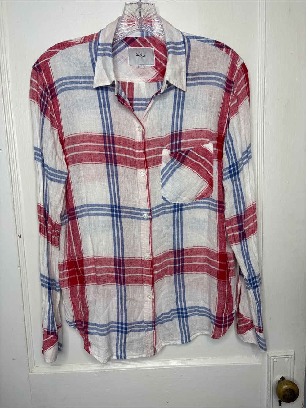 Rails Charli Carmine Blue White Red Plaid Button Down Shirt Linen Blend Sz XS